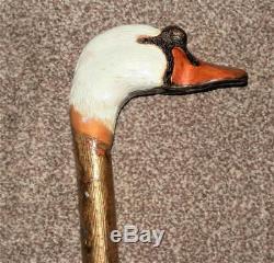 Antique Rustic Wood Carved Mute Swan Head Walking Stick With Glass Eyes 140cm