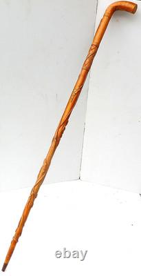 Antique SCOTTISH FOLK ART Carved Wood Walking Stick Stag Thistles & Snake c1930s Antique SCOTTISH FOLK ART Carved Wood Walking Stick Stag Thistles & Snake c1930s