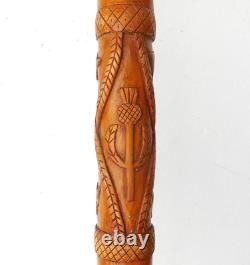 Antique SCOTTISH FOLK ART Carved Wood Walking Stick Stag Thistles & Snake c1930s Antique SCOTTISH FOLK ART Carved Wood Walking Stick Stag Thistles & Snake c1930s