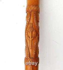 Antique SCOTTISH FOLK ART Carved Wood Walking Stick Stag Thistles & Snake c1930s Antique SCOTTISH FOLK ART Carved Wood Walking Stick Stag Thistles & Snake c1930s