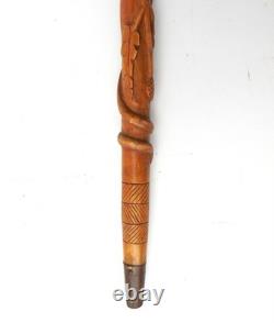 Antique SCOTTISH FOLK ART Carved Wood Walking Stick Stag Thistles & Snake c1930s Antique SCOTTISH FOLK ART Carved Wood Walking Stick Stag Thistles & Snake c1930s