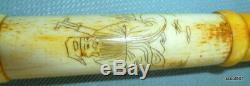 Antique Scrimshaw Carved Bone Asian Cane Walking Stick Mint 32 Long