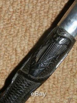 Antique Silver Irish Bog Oak Hand Carved Clover Harp Treen Walkingstick 33.1/2