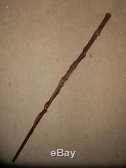 Antique Skilful Hand-Carved Walking Stick. Snakes and lizard in ducks beak