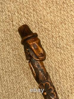 Antique South African Walking Stick Hand-Carved Paul Kruger Top & Floral Shaft