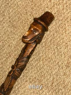 Antique South African Walking Stick Hand-Carved Paul Kruger Top & Floral Shaft