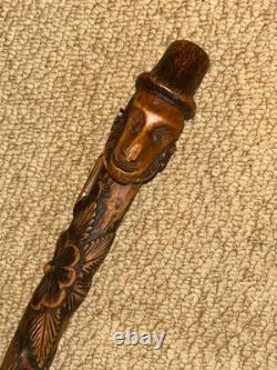 Antique South African Walking Stick Hand-Carved Paul Kruger Top & Floral Shaft Antique South African Walking Stick Hand-Carved Paul Kruger Top & Floral Shaft