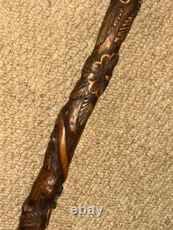Antique South African Walking Stick Hand-Carved Paul Kruger Top & Floral Shaft