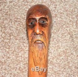 Antique Spirit Hand Carved Bearded Man With Glass Eyes Holly Shaft Walking Stick