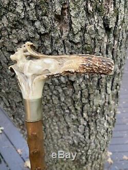Antique Stag Horn Carved European Roe Deer Cane Walking Stick SUPER 35
