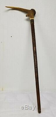 Antique Stag Horn Deer Antler German Black Forest Carved Walking Stick Cane