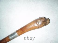 Antique Sterling Silver Hand Carved Boxer Dog Walking Stick Cane. Glass Eyes