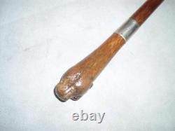 Antique Sterling Silver Hand Carved Boxer Dog Walking Stick Cane. Glass Eyes