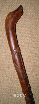 Antique Sulawesi Celebes Hardwood Walking Stick / Cane Hand-Carved Shaft Dog Top