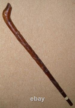Antique Sulawesi Celebes Hardwood Walking Stick / Cane Hand-Carved Shaft Dog Top