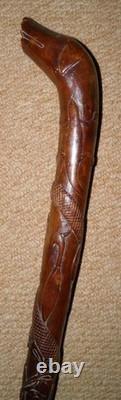 Antique Sulawesi Celebes Hardwood Walking Stick / Cane Hand-Carved Shaft Dog Top