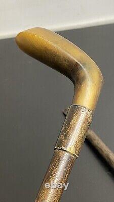 Antique Sunday Stick Carved Bovine Horn & Silver Collar Requires Repair