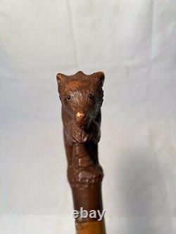 Antique Swiss Black Forest Wood Carved BEAR Glass Eyes Walking Stick Cane c1920