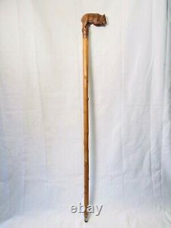 Antique Swiss Black Forest Wood Carved BEAR Glass Eyes Walking Stick Cane c1920