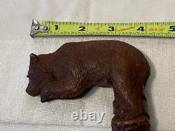 Antique Swiss Black Forest Wood Carved BEAR Glass Eyes Walking Stick Cane c1920