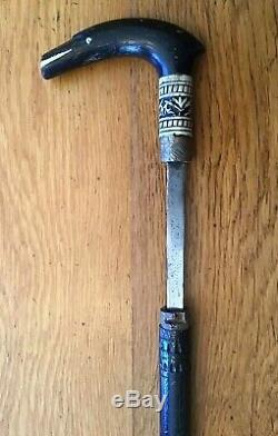 Antique Sword Cane / Walking Stick With Bone, Brass, Carved Wood-Good Condition