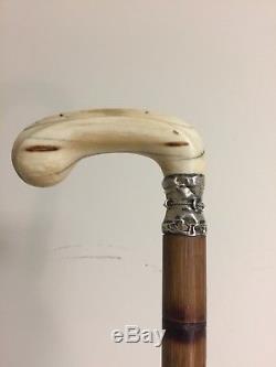 Antique Sword Cane Walking Stick with Carved Handle, Sterling Silver Collar