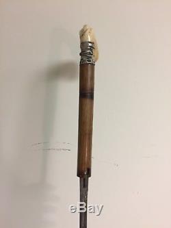 Antique Sword Cane Walking Stick with Carved Handle, Sterling Silver Collar