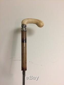 Antique Sword Cane Walking Stick with Carved Handle, Sterling Silver Collar