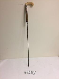 Antique Sword Cane Walking Stick with Carved Handle, Sterling Silver Collar