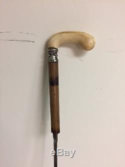 Antique Sword Cane Walking Stick with Carved Handle, Sterling Silver Collar