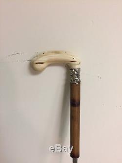 Antique Sword Cane Walking Stick with Carved Handle, Sterling Silver Collar