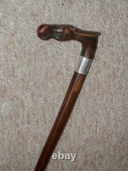Antique T. Davis Walking Stick With Hand-Carved Horse Handle & Silver H/m 1920