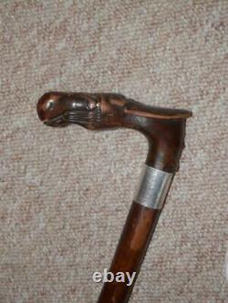 Antique T. Davis Walking Stick With Hand-Carved Horse Handle & Silver H/m 1920