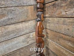 Antique Tall African Tribal Carved Walking Stick Hand Crafted Nude Snake Faces