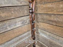 Antique Tall African Tribal Carved Walking Stick Hand Crafted Nude Snake Faces