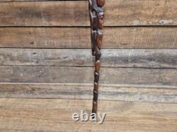 Antique Tall African Tribal Carved Walking Stick Hand Crafted Nude Snake Faces