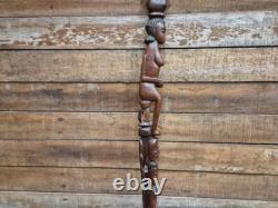 Antique Tall African Tribal Carved Walking Stick Hand Crafted Nude Snake Faces