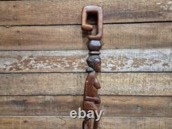 Antique Tall African Tribal Carved Walking Stick Hand Crafted Nude Snake Faces