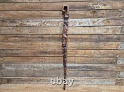 Antique Tall African Tribal Carved Walking Stick Hand Crafted Nude Snake Faces