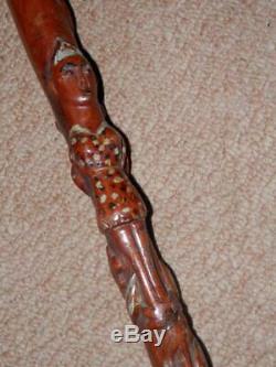 Antique Treen'1-1098' Tribal Walking Stick With Hand-Carved Women And Snakes