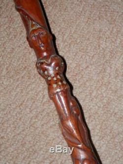 Antique Treen'1-1098' Tribal Walking Stick With Hand-Carved Women And Snakes