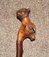 Antique Treen'Farmyard' Hand Carved Bull & Sheep Top With Glass Eyes WalkingStick
