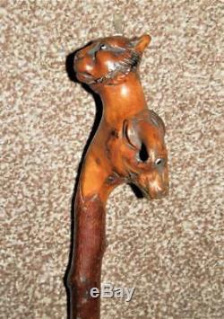 Antique Treen'Farmyard' Hand Carved Bull & Sheep Top With Glass Eyes WalkingStick