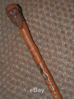 Antique Treen Holly Walking Stick With Hand Carved Bearded Man Top With Glass Eyes