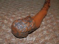 Antique Treen Holly Walking Stick With Hand Carved Bearded Man Top With Glass Eyes