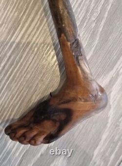 Antique Treen Rustic Walking Stick Hand Carved Human Foot Handle One Piece 86cm