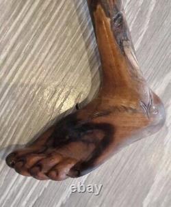 Antique Treen Rustic Walking Stick Hand Carved Human Foot Handle One Piece 86cm