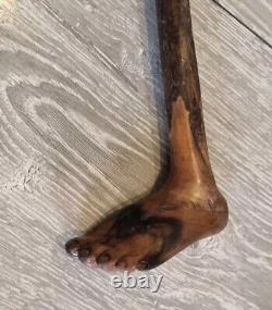 Antique Treen Rustic Walking Stick Hand Carved Human Foot Handle One Piece 86cm