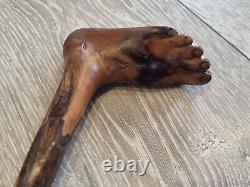 Antique Treen Rustic Walking Stick Hand Carved Human Foot Handle One Piece 86cm