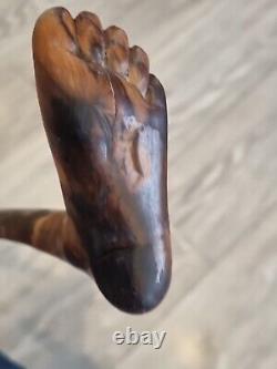 Antique Treen Rustic Walking Stick Hand Carved Human Foot Handle One Piece 86cm